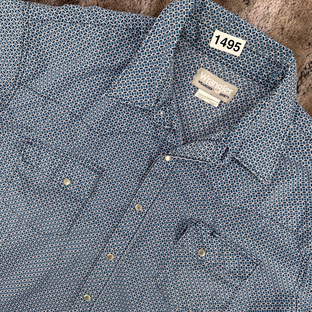 Wrangler Wrancher Pearl Snap Shirt Mens XLT Blue Patterned Western Rancher